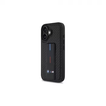 BMW BMHCP16SGSPCCK M Grip Stand Smooth and Carbon kietas dėklas iPhone 16 6.1 – juodas