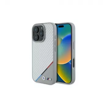 BMW M Carbon Tricolor Line kietas dėklas, skirtas iPhone 16 Pro 6,3 inch pilkas MagSafe