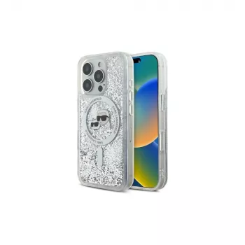 Karl Lagerfeld Liquid Glitter Karl & Choupette Head MagSafe Case, skirtas Apple iPhone 16 Pro