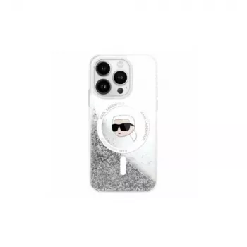 Karl Lagerfeld Liquid Glitter Karl Head Dėklas su MagSafe, skirtas iPhone 16 Pro, permatomas