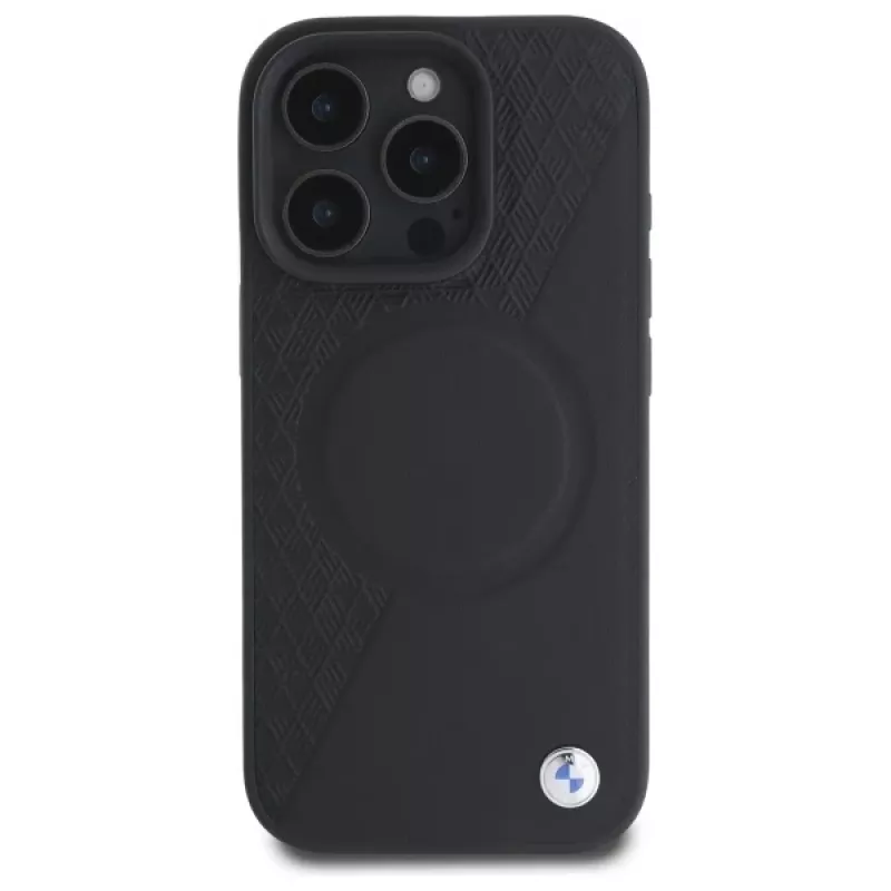BMW Sign Leather Half Textured Hard Case su Circle MagSafe, skirta Apple iPhone 16 Pro Max 6,9 inch juoda