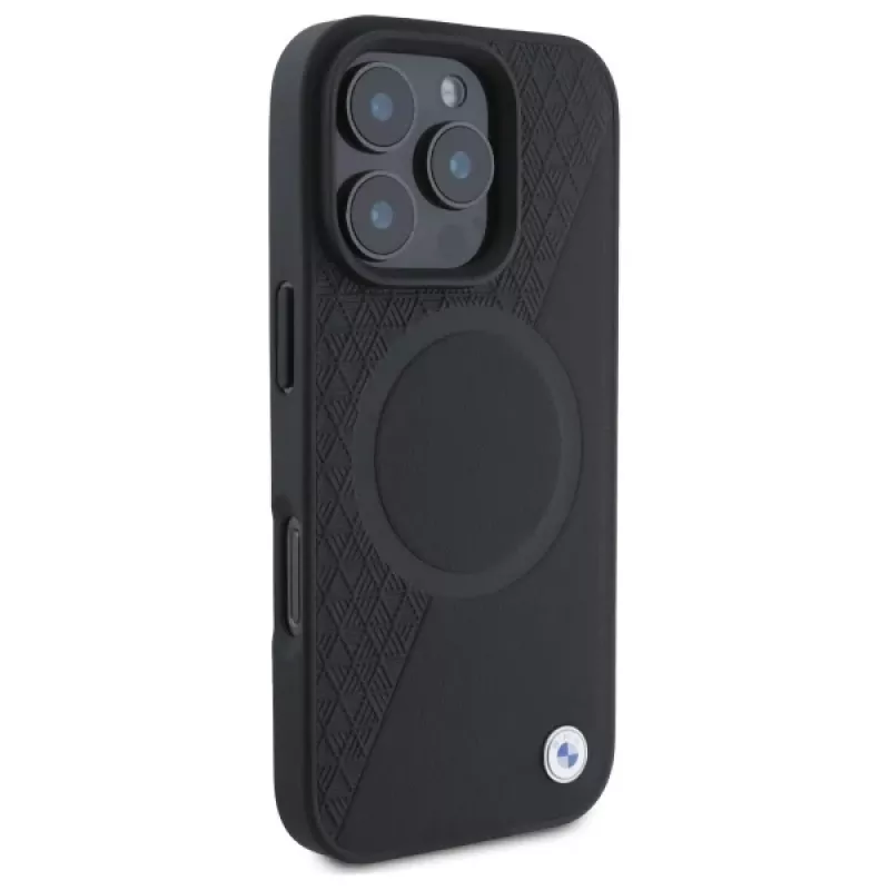 BMW Sign Leather Half Textured Hard Case su Circle MagSafe, skirta Apple iPhone 16 Pro Max 6,9 inch juoda