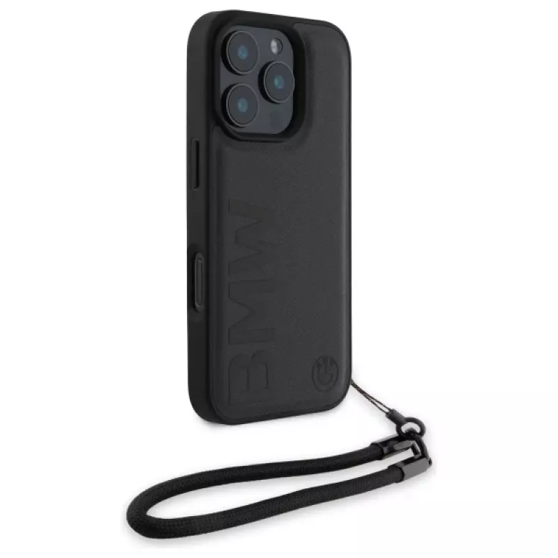 BMW Signature Leather Wordmark Cord Hardcase, skirta Apple iPhone 16 Pro 6,3 colio – Juoda