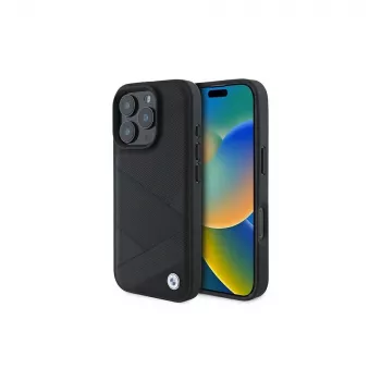 BMW Sign Leather Crossing Lines Pattern Hard Case, skirta Apple iPhone 16 Pro 6,3 colio, juoda