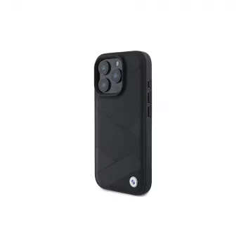 BMW Sign Leather Crossing Lines Pattern Hard Case, skirta Apple iPhone 16 Pro 6,3 colio, juoda