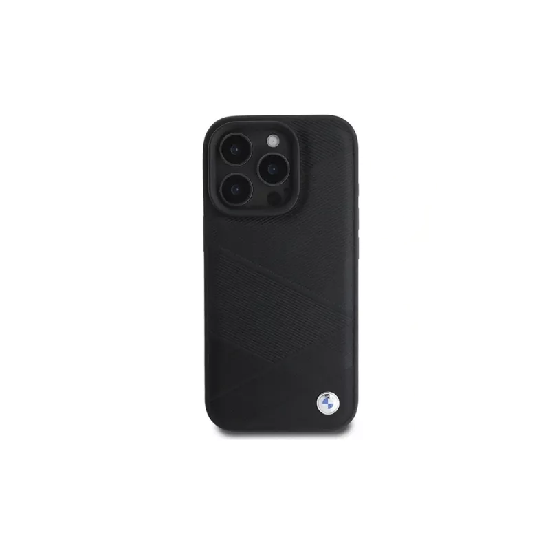 BMW Sign Leather Crossing Lines Pattern Hard Case, skirta Apple iPhone 16 Pro 6,3 colio, juoda