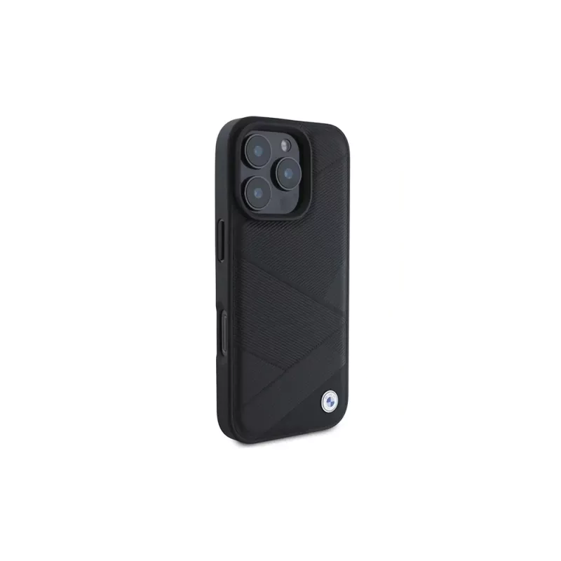 BMW Sign Leather Crossing Lines Pattern Hard Case, skirta Apple iPhone 16 Pro 6,3 colio, juoda
