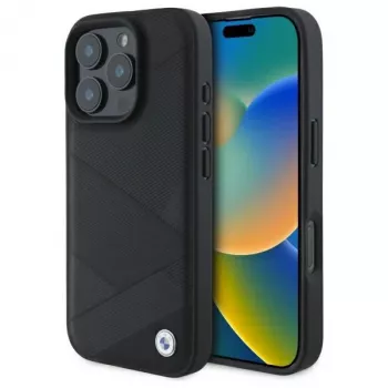 BMW BMHCP16X23RCGPK iPhone 16 Pro Max 6,9 inch Black Hardcase Sign Leather Crossing Lines Pattern