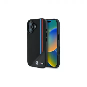 BMW M Meshed Tricolor Stripes MagSafe Hard Case iPhone 16 6,1 inch juoda