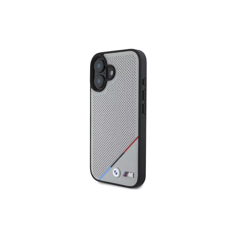 BMW M Perforated Tricolor Line MagSafe kietas dėklas, skirtas Apple iPhone 16 6,1 inch - Pilka