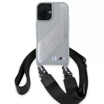 BMW BMHCP16S23PSCCG iPhone 16 6,1 inch Pilkas kietas dėklas M Edition Carbon Stripe & Strap