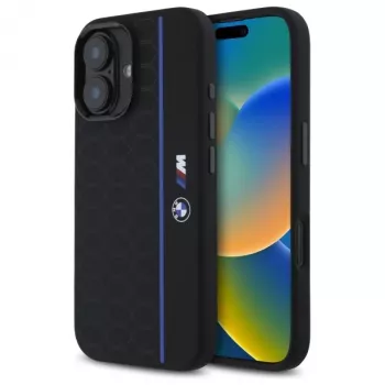 BMW BMHMP16S23SHEB iPhone 16 6,1 colio juodas silikoninis kietas dėklas Hexagon Blue Line MagSafe