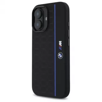 BMW BMHMP16S23SHEB iPhone 16 6,1 colio juodas silikoninis kietas dėklas Hexagon Blue Line MagSafe