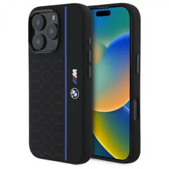 BMW BMHMP16L23SHEB iPhone 16 Pro Hard Case Silicone Hexagon Blue Line MagSafe Black