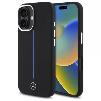 Mercedes-Benz MEHMP16S23SUMBK iPhone 16 6,1 inch juodas silikoninis kietas dėklas su mėlyna juostele ir MagSafe