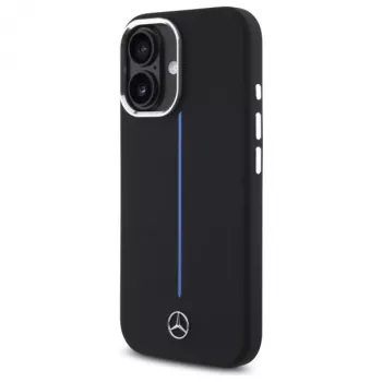 Mercedes-Benz MEHMP16S23SUMBK iPhone 16 6,1 inch juodas silikoninis kietas dėklas su mėlyna juostele ir MagSafe