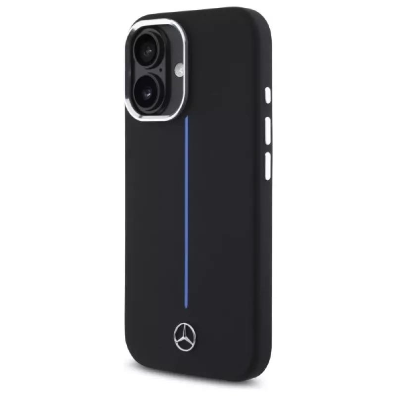 Mercedes-Benz MEHMP16S23SUMBK iPhone 16 6,1 inch juodas silikoninis kietas dėklas su mėlyna juostele ir MagSafe