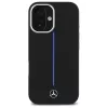 Mercedes-Benz MEHMP16S23SUMBK iPhone 16 6,1 inch juodas silikoninis kietas dėklas su mėlyna juostele ir MagSafe