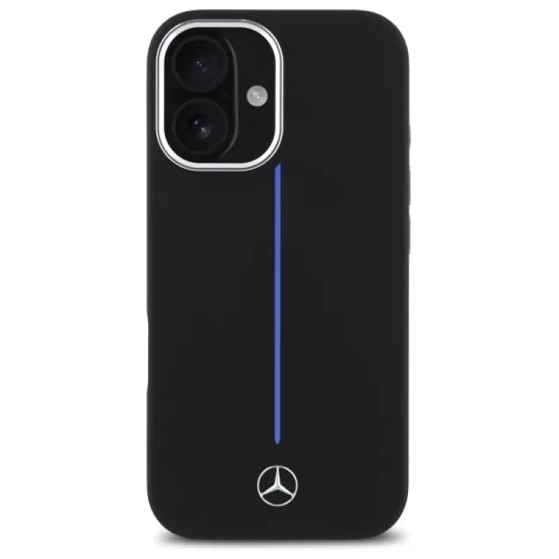 Mercedes-Benz MEHMP16S23SUMBK iPhone 16 6,1 inch juodas silikoninis kietas dėklas su mėlyna juostele ir MagSafe