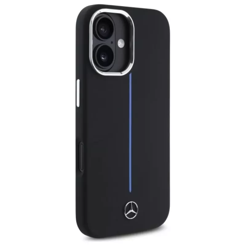 Mercedes-Benz MEHMP16S23SUMBK iPhone 16 6,1 inch juodas silikoninis kietas dėklas su mėlyna juostele ir MagSafe