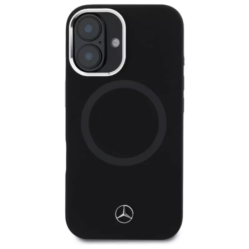 Mercedes-Benz MEHMP16S23SUTTK iPhone 16 6,1 col. juodas silikoninis kietas dėklas su toniniu logotipu ir MagSafe