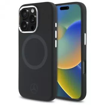Mercedes-Benz MEHMP16L23SUTTK iPhone 16 Pro 6,3 colio juodas kietas silikoninis dėklas su toniniu logotipu ir MagSafe