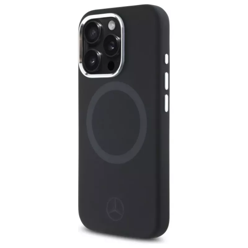 Mercedes-Benz MEHMP16L23SUTTK iPhone 16 Pro 6,3 colio juodas kietas silikoninis dėklas su toniniu logotipu ir MagSafe