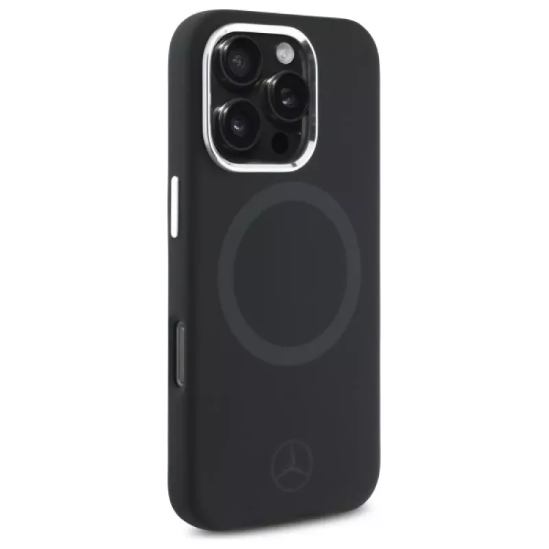 Mercedes-Benz MEHMP16L23SUTTK iPhone 16 Pro 6,3 colio juodas kietas silikoninis dėklas su toniniu logotipu ir MagSafe