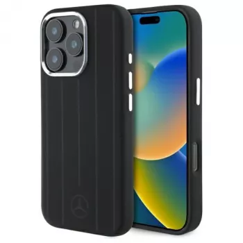 Mercedes-Benz iPhone 16 Pro Max 6,9 inch Silikoninis Kietas Dėklas su Vertikaliomis Toninėmis Juostelėmis ir MagSafe - Juodas