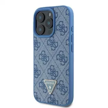 Guess GUHCP16LP4TDSCPB iPhone 16 Pro 6,3 inch Mėlynas Odinis Kietas Dėklas su Metaliniu Logotipu, Cirkonais ir Kryžminiu Dirželiu