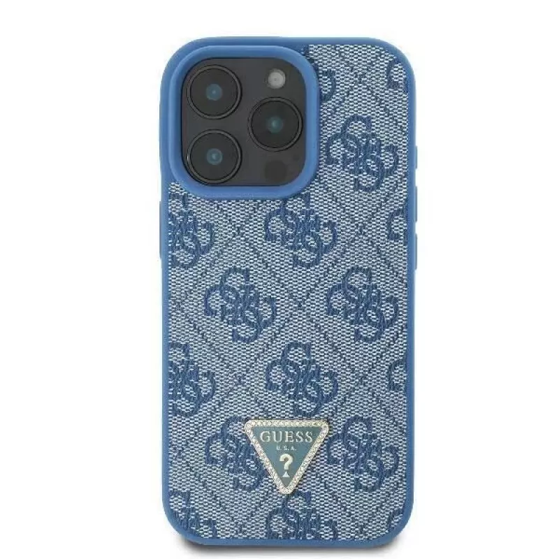 Guess GUHCP16LP4TDSCPB iPhone 16 Pro 6,3 inch Mėlynas Odinis Kietas Dėklas su Metaliniu Logotipu, Cirkonais ir Kryžminiu Dirželiu