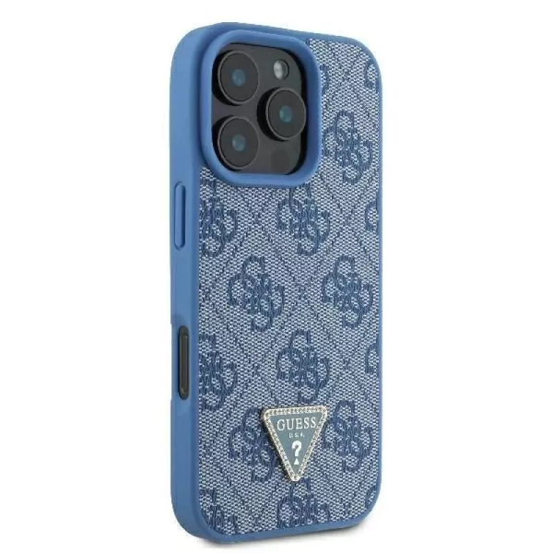 Guess GUHCP16LP4TDSCPB iPhone 16 Pro 6,3 inch Mėlynas Odinis Kietas Dėklas su Metaliniu Logotipu, Cirkonais ir Kryžminiu Dirželiu