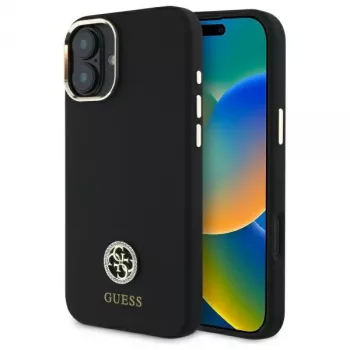 Guess GUHCP16SM4DGPK iPhone 16 6,1 colio juodas kietas silikoninis dėklas su logotipu ir cirkoniais 4G