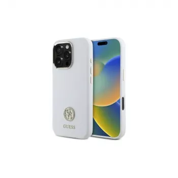 Guess GUHCP16LM4DGPH iPhone 16 Pro 6,3 colio baltas silikoninis kietas dėklas su blizgučių logotipu 4G