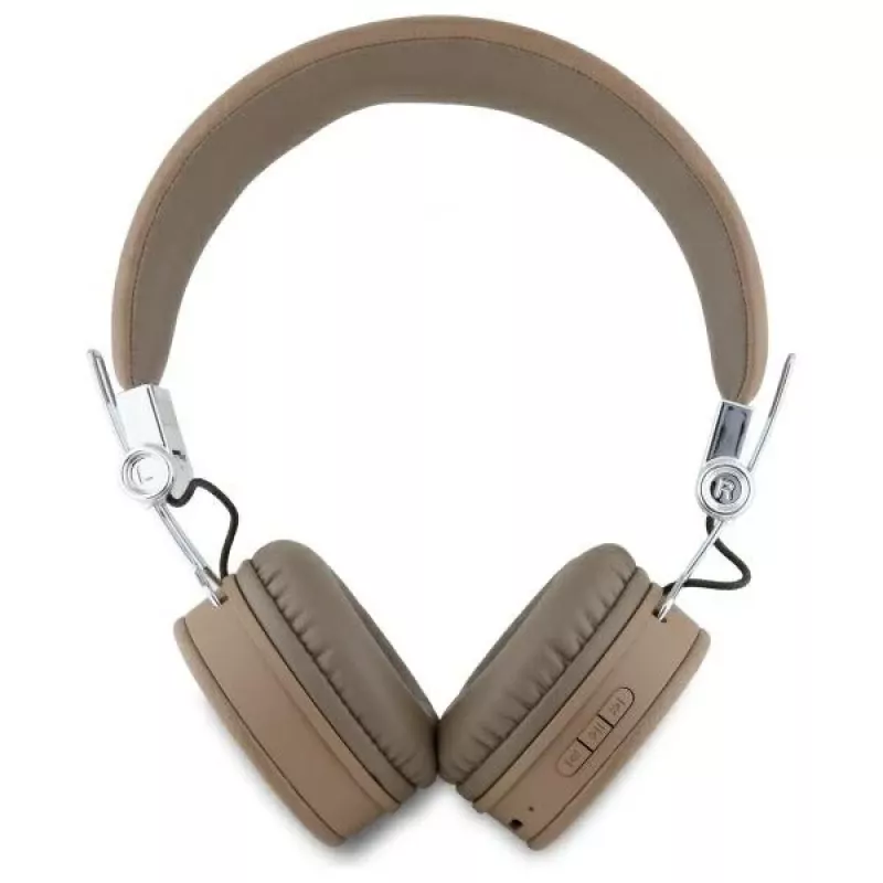 Guess Grained Classic Round Shape Wireless Bluetooth Over-Ear Headphones with ENC, Brown