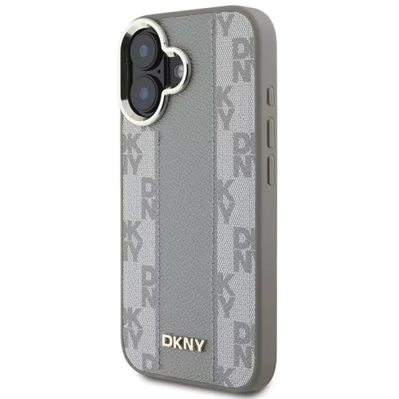 DKNY DKHMP16SPCPVSLE Kietas dėklas, skirtas Apple iPhone 16, smėlio spalvos languotas raštas su MagSafe