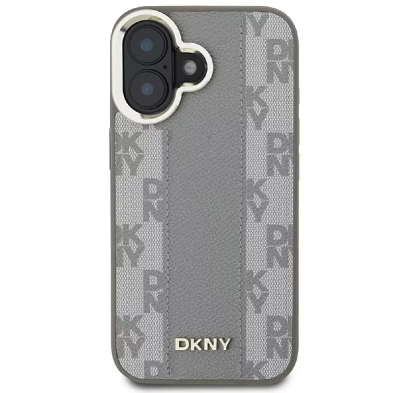 DKNY DKHMP16SPCPVSLE Kietas dėklas, skirtas Apple iPhone 16, smėlio spalvos languotas raštas su MagSafe