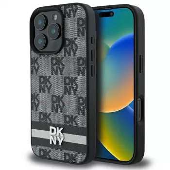 DKNY DKHCP16LPCPTSSK Kietas Dėklas, Skirtas Apple iPhone 16 Pro 6,3 colio, Juodas, Šachmatų Raštas ir Spausdintos Juostelės