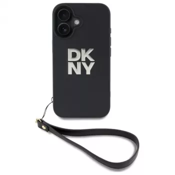 DKNY DKHCP16SPBSWSK Kietas dėklas, skirtas Apple iPhone 16 6,1 colio, juodas, su riešo dirželiu