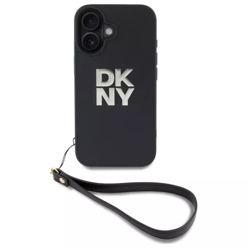 DKNY DKHCP16SPBSWSK Kietas dėklas, skirtas Apple iPhone 16 6,1 colio, juodas, su riešo dirželiu