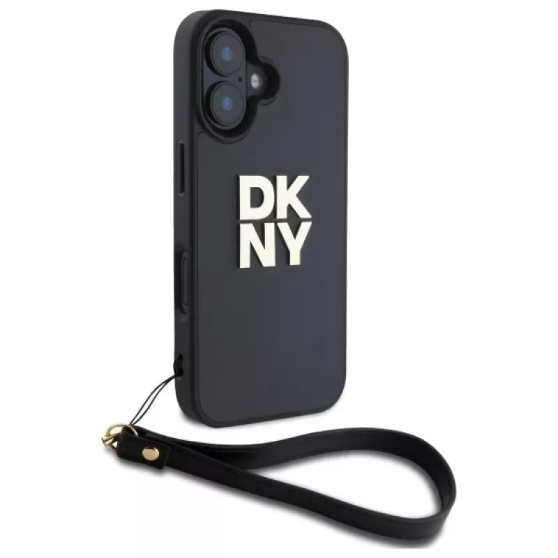 DKNY DKHCP16SPBSWSK Kietas dėklas, skirtas Apple iPhone 16 6,1 colio, juodas, su riešo dirželiu