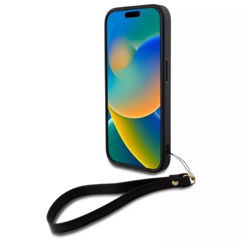 DKNY DKHCP16SPBSWSK Kietas dėklas, skirtas Apple iPhone 16 6,1 colio, juodas, su riešo dirželiu