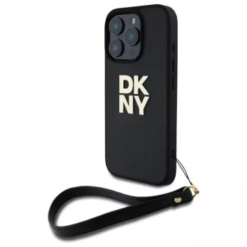 DKNY DKHCP16LPBSWSK iPhone 16 Pro 6,3 colio juodas kietas dėklas su dirželiu ir logotipu