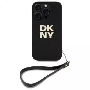 DKNY DKHCP16LPBSWSK iPhone 16 Pro 6,3 colio juodas kietas dėklas su dirželiu ir logotipu
