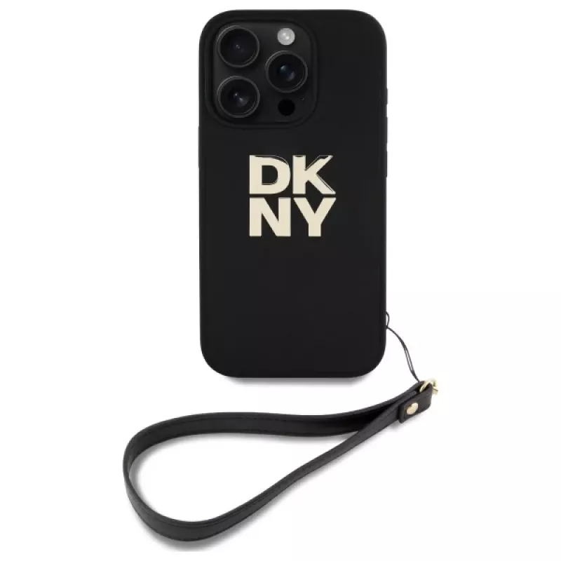 DKNY DKHCP16LPBSWSK iPhone 16 Pro 6,3 colio juodas kietas dėklas su dirželiu ir logotipu