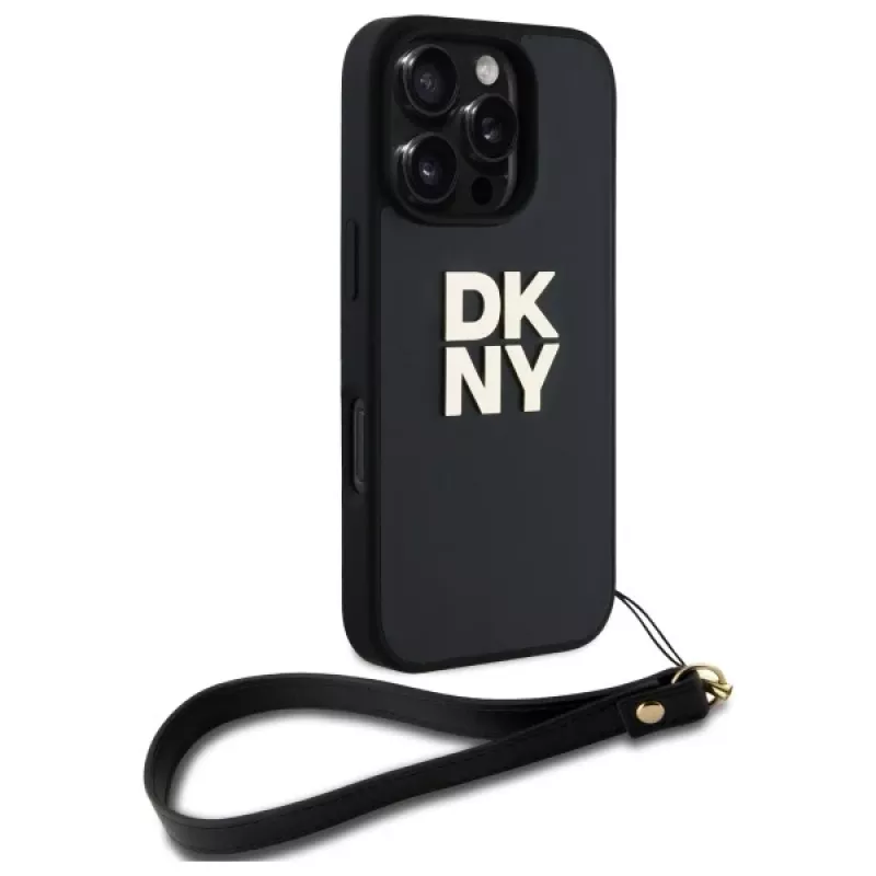 DKNY DKHCP16LPBSWSK iPhone 16 Pro 6,3 colio juodas kietas dėklas su dirželiu ir logotipu