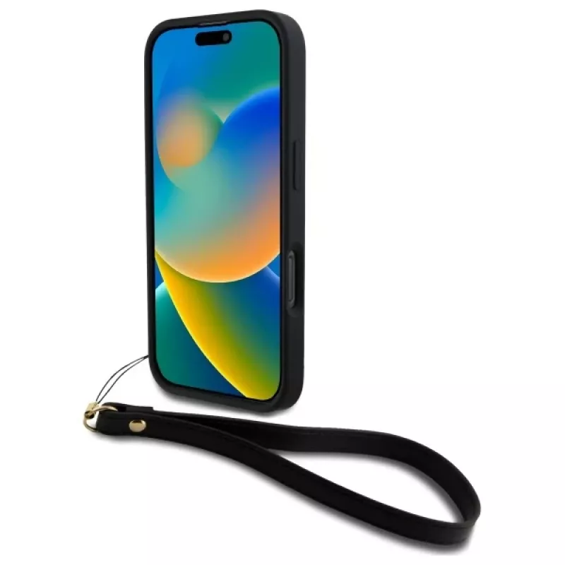 DKNY DKHCP16LPBSWSK iPhone 16 Pro 6,3 colio juodas kietas dėklas su dirželiu ir logotipu