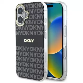 DKNY DKHMP16SHRHSEK Kietasis Dėklas, Skirtas Apple iPhone 16 6,1 Colio - Juodas, Pasikartojančio Rašto Su Juostele