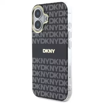 DKNY DKHMP16SHRHSEK Kietasis Dėklas, Skirtas Apple iPhone 16 6,1 Colio - Juodas, Pasikartojančio Rašto Su Juostele