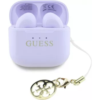 „Guess“ blizgaus paviršiaus belaidės ausinės su klasikiniu logotipu ir pakabuku, levandų spalvos